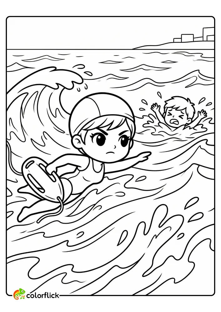 Cute lifeguard swimming with rescue buoy to save drowning child in choppy ocean surf, printable coloring page for kids.