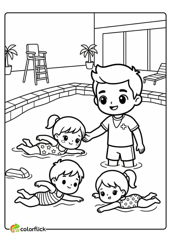 A friendly lifeguard teaching a small group of kids arm strokes for swimming in a community pool, printable coloring page for kids.