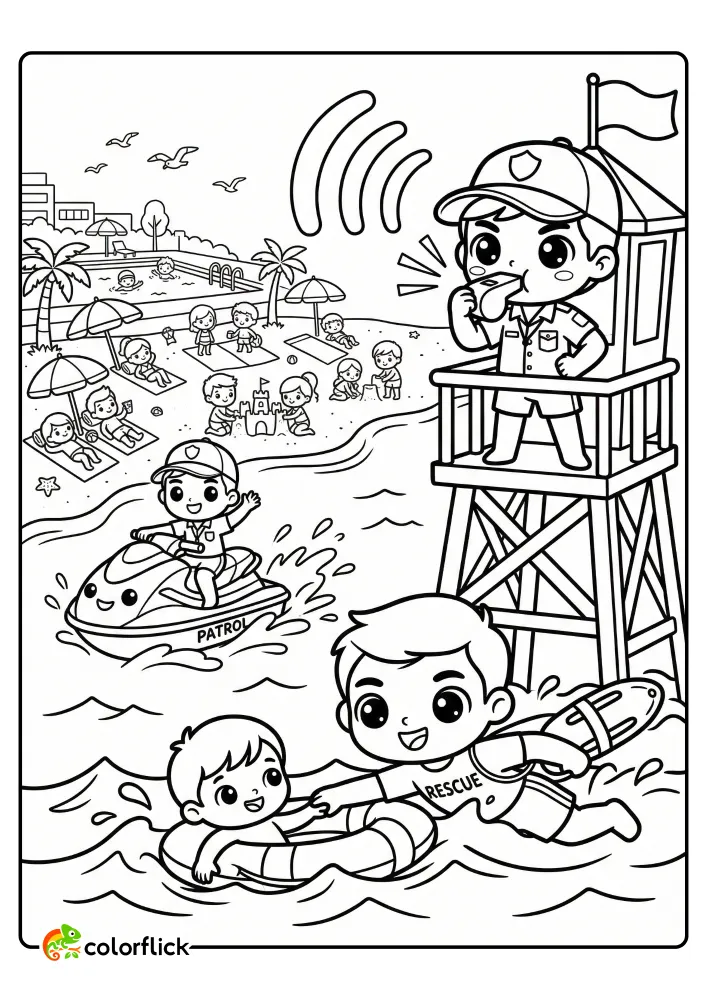 Lifeguard Coloring Pages for kids showing a lifeguard blowing a whistle from his tower while a partner rescues a child in the waves.