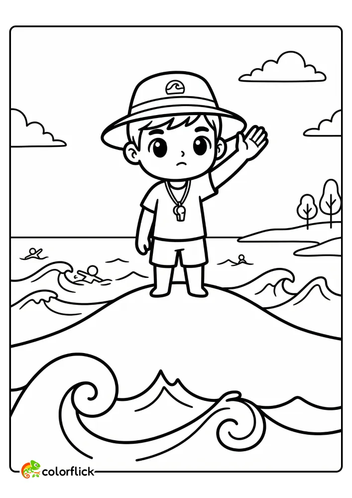 Cute lifeguard signaling warning to swimmers in rough water on a printable coloring page for kids.