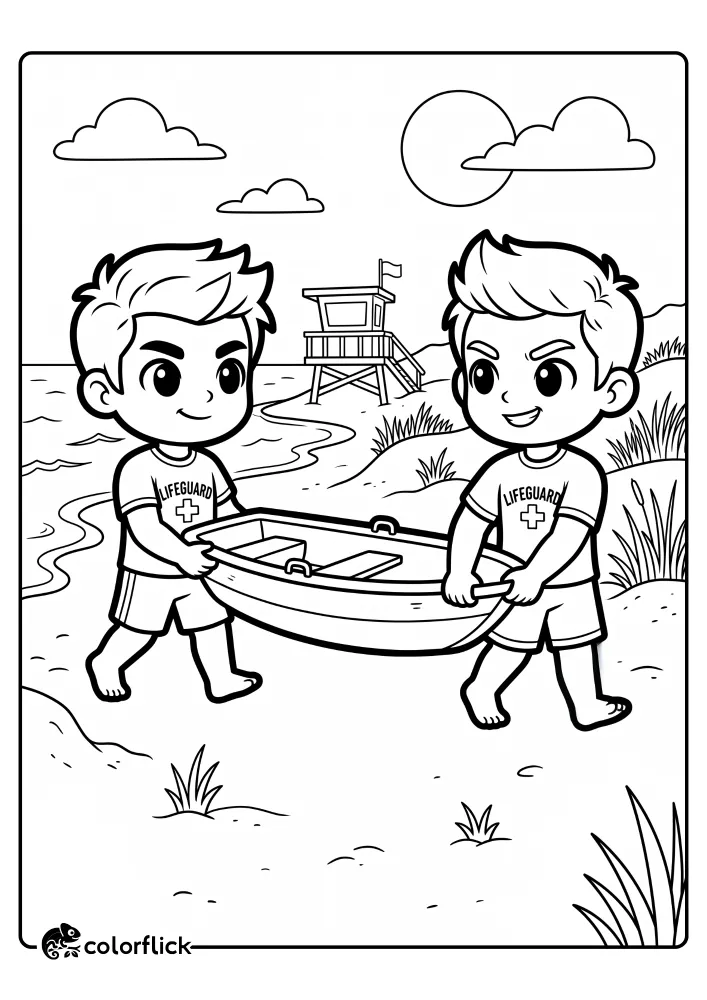 Two cute cartoon lifeguards work together carrying a rescue boat on a sandy beach near a lifeguard tower in this printable coloring page for kids.