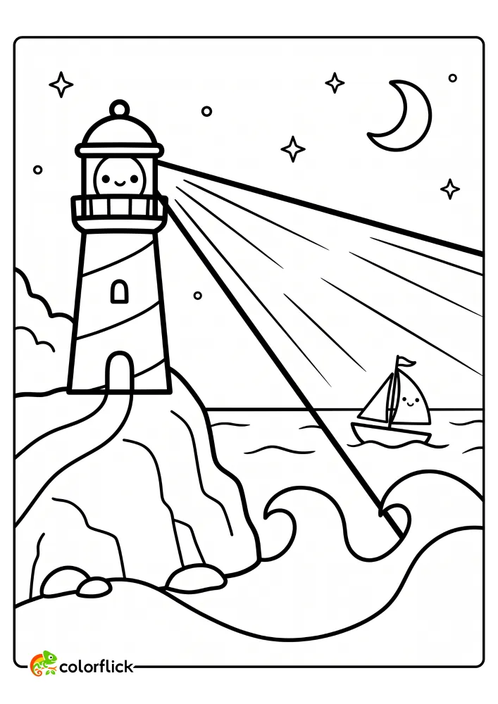 A happy lighthouse on a cliff guiding a smiling sailboat with its beam under a starry night sky printable coloring page for kids