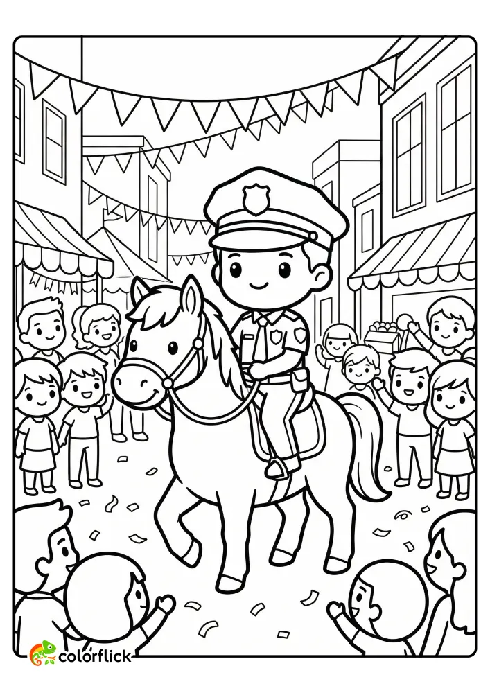 Cute mounted police officer on a friendly horse riding through a crowded festival street with flags, a free printable coloring page for kids.