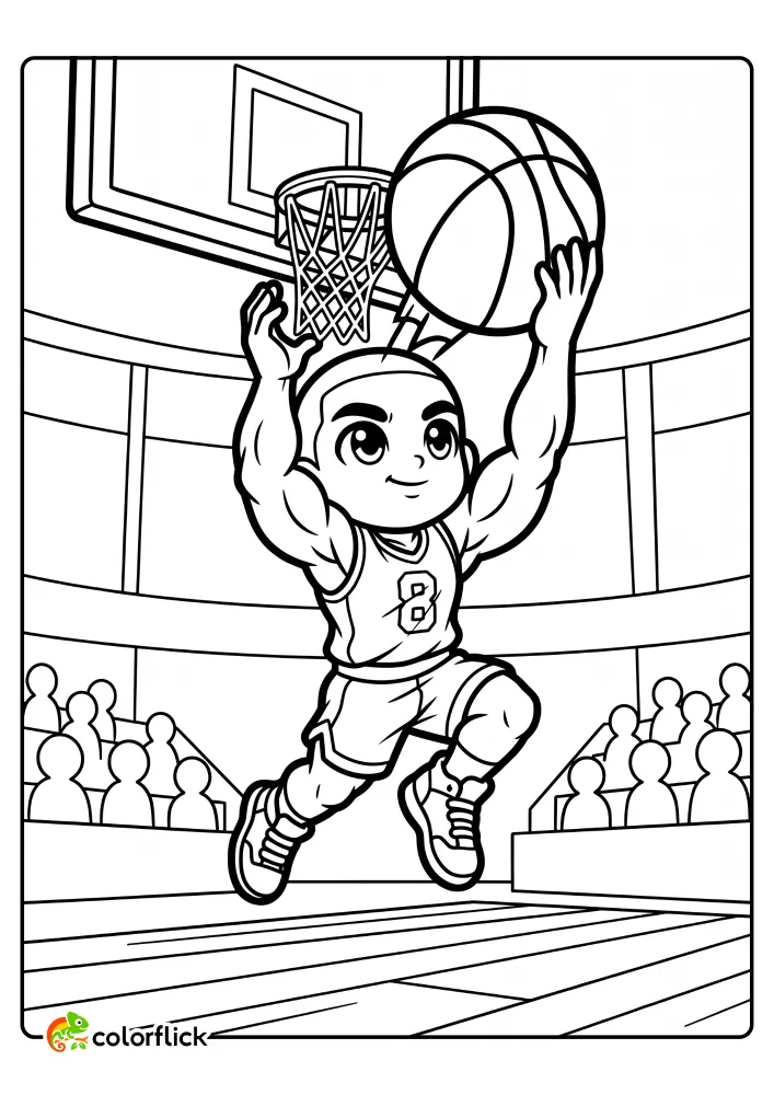 A printable coloring page for kids showing a muscular basketball player in mid-air performing a powerful slam dunk.