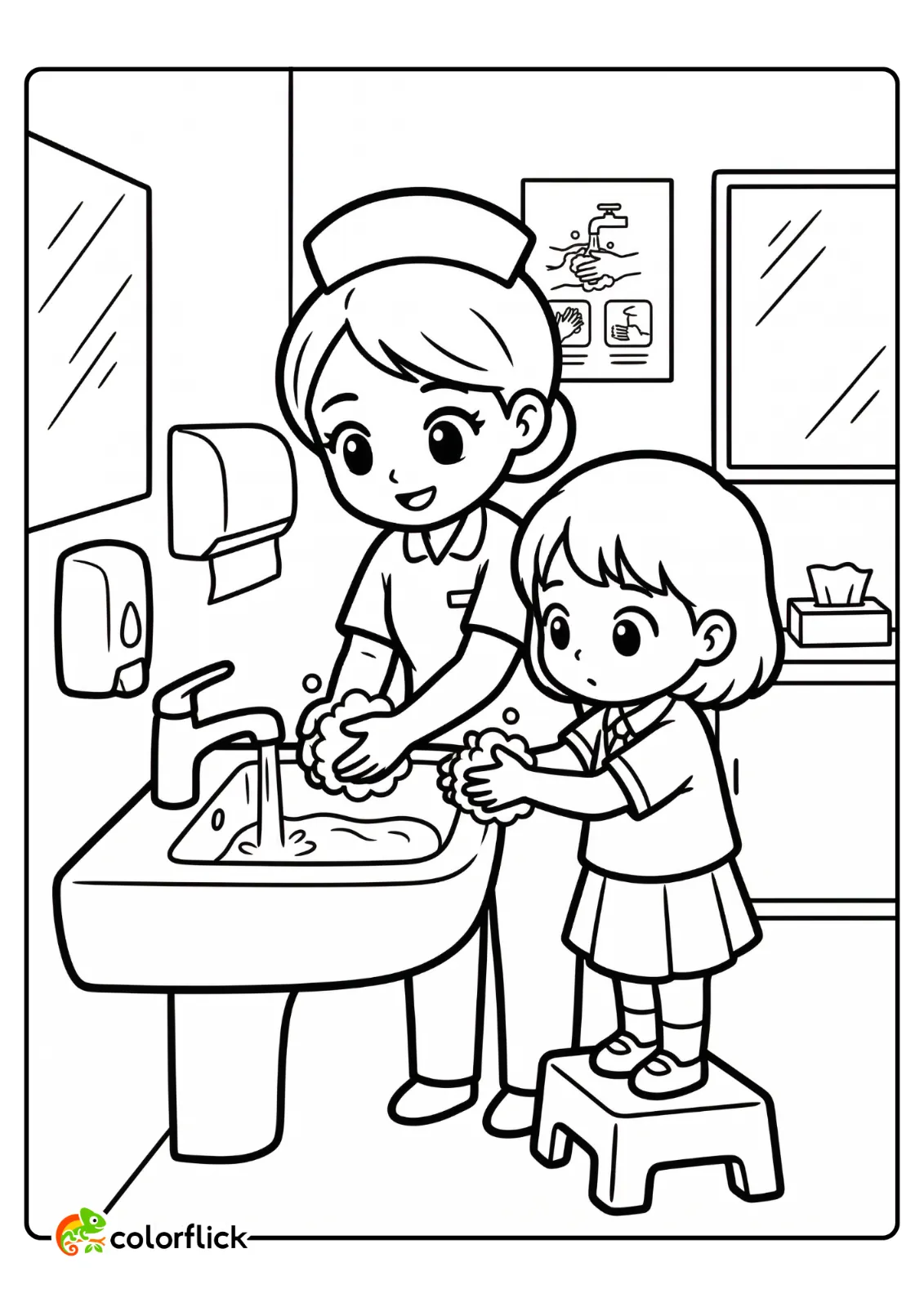 A cute nurse shows a young girl proper handwashing technique at a sink with soap, a printable coloring page for kids.