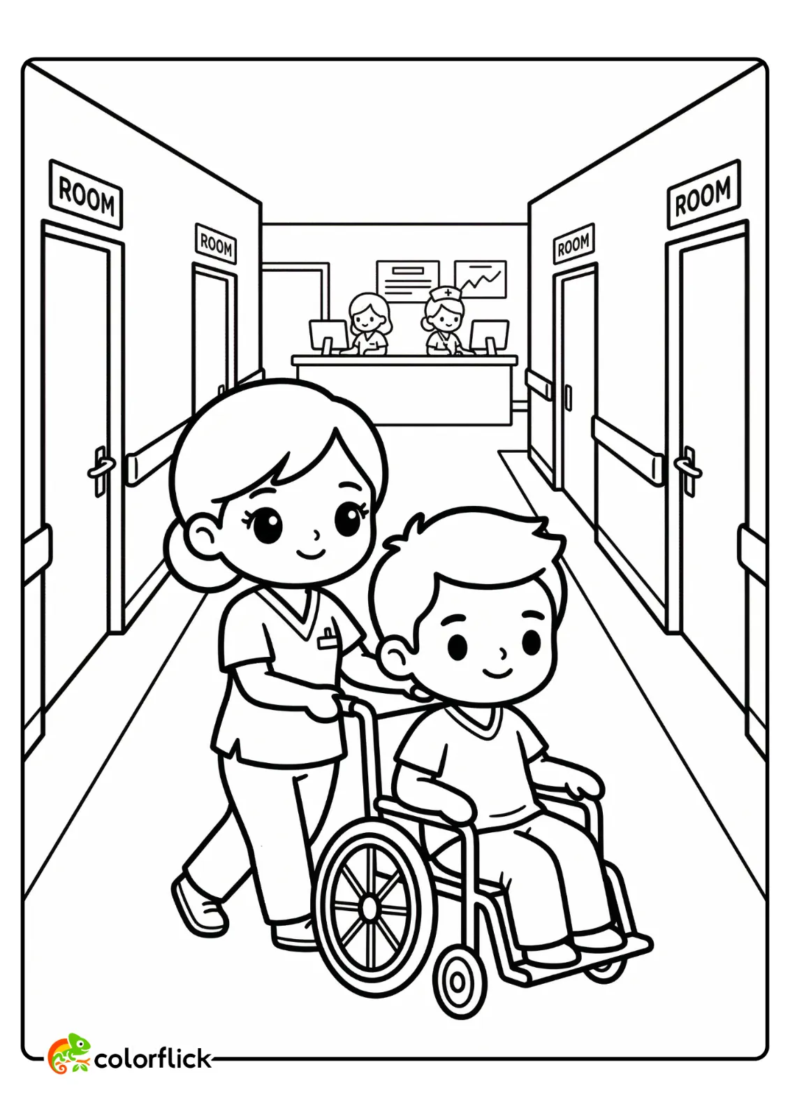 Nurse with stethoscope pushing a patient in a wheelchair down a hospital hallway. Printable coloring page for kids.