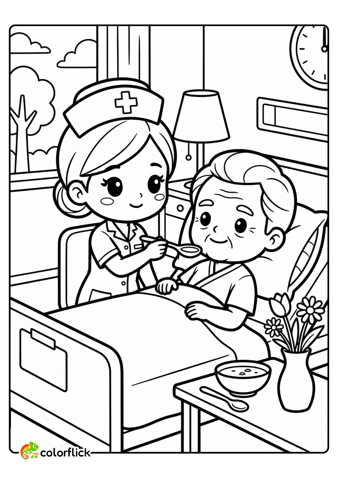 Cute nurse spooning soup to an elderly patient propped up in a hospital bed, a contextually relevant printable coloring page for kids.
