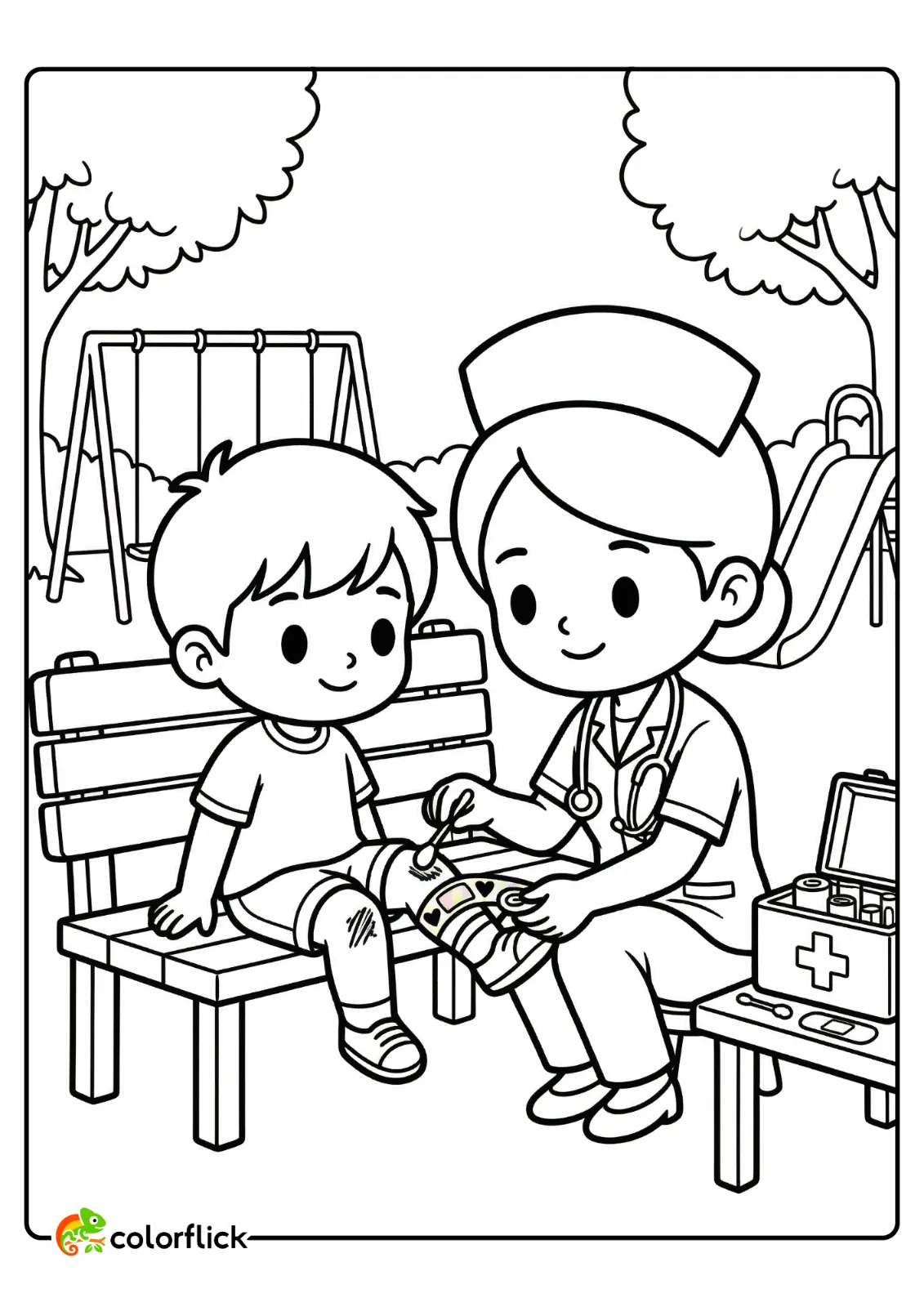 Cute nurse carefully bandaging a boy's knee scrape on a park bench, a printable coloring page for kids.