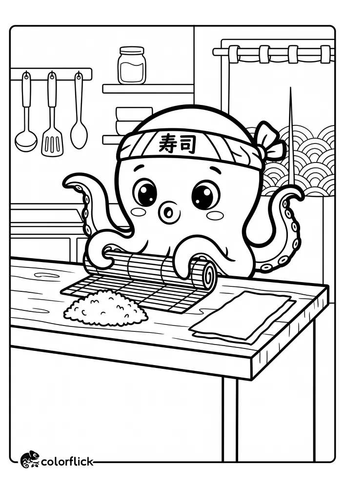 A cartoon octopus chef making sushi with a bamboo rolling mat at a kitchen counter, featured on a free printable coloring page for kids.