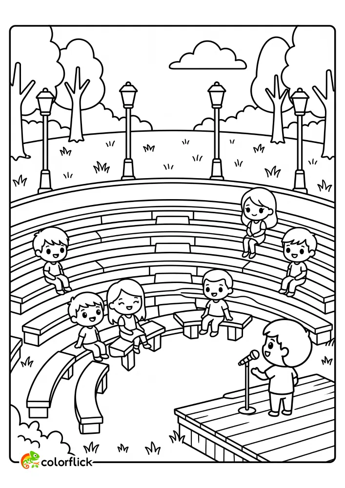A child performing on an open-air stage in a park amphitheater with an audience, printable coloring page for kids.