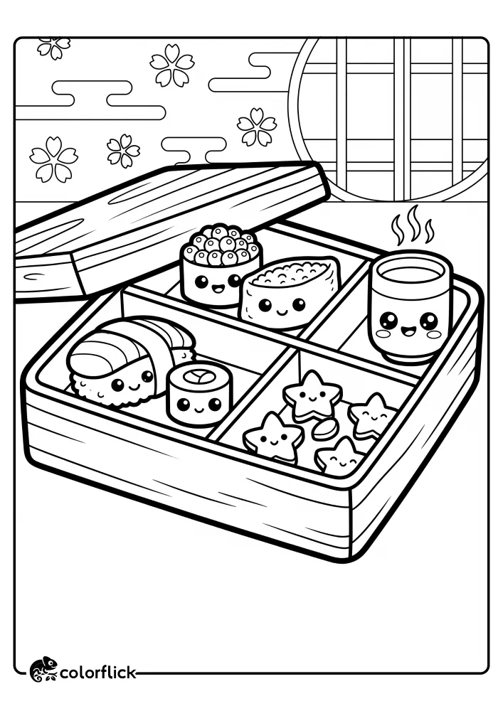 A large open wooden bento box filled with smiling sushi rolls, a happy tea cup, and star-shaped vegetables in a free printable coloring sheet.
