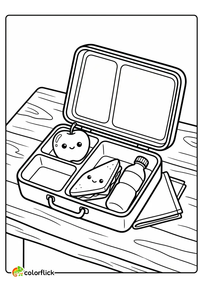 A printable coloring page for kids featuring an open bento school lunchbox with a cute apple, sandwich, and water bottle on a table.