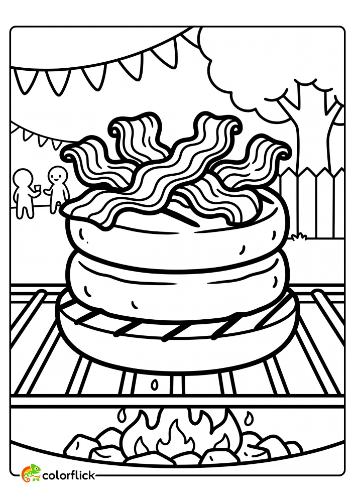 A large towering bacon burger with two thick patties cooking on a backyard grill with a fire below, a printable coloring page for kids.