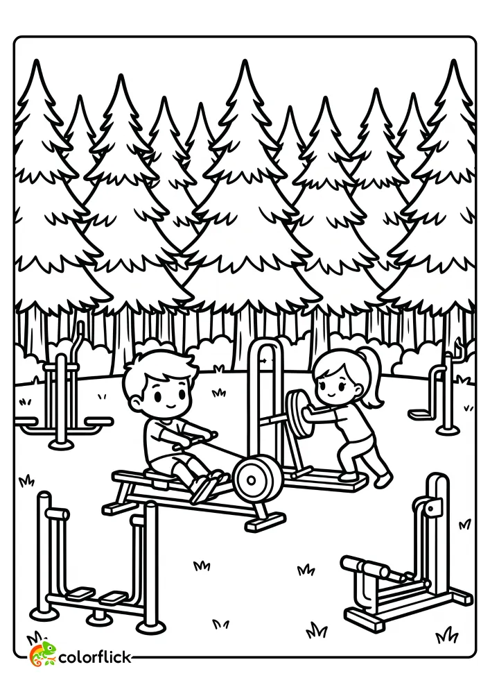 A printable coloring page for kids showing a boy using a rowing machine and a girl using a leg press machine at an outdoor fitness park