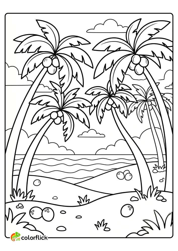 A clear outline drawing of leaning palm trees heavy with coconuts on a sandy tropical beach, featuring scattered coconuts and waves in the background. A printable coloring page for kids.