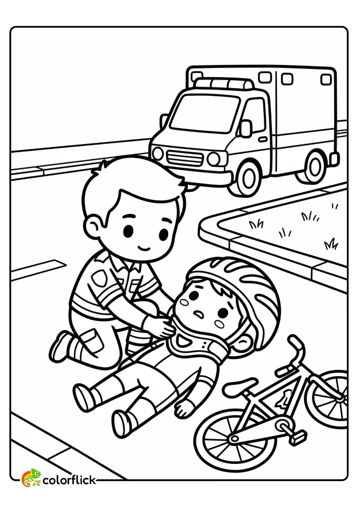 A caring paramedic carefully fitting a cervical neck brace on a cyclist lying on the road with an ambulance nearby, a printable coloring page for kids.