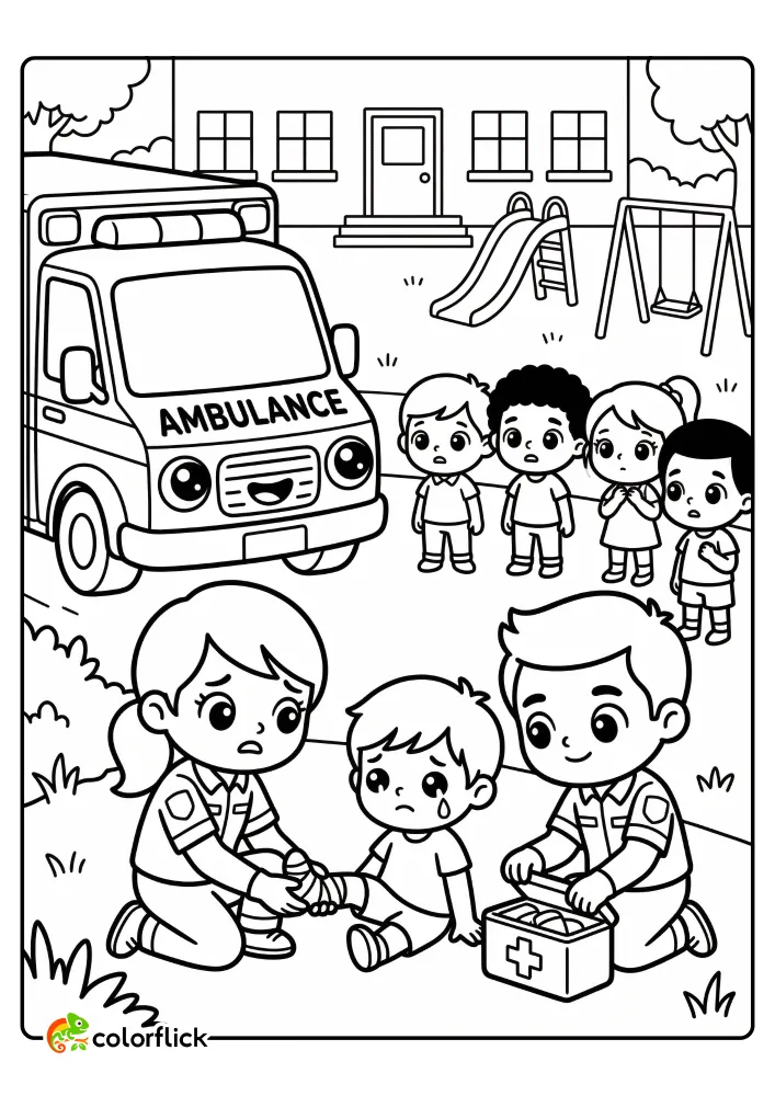 A male and female paramedic use a first aid kit to treat an injured child on a gurney in a school playground, while an ambulance is parked nearby and other kids watch, printable coloring page for kids.