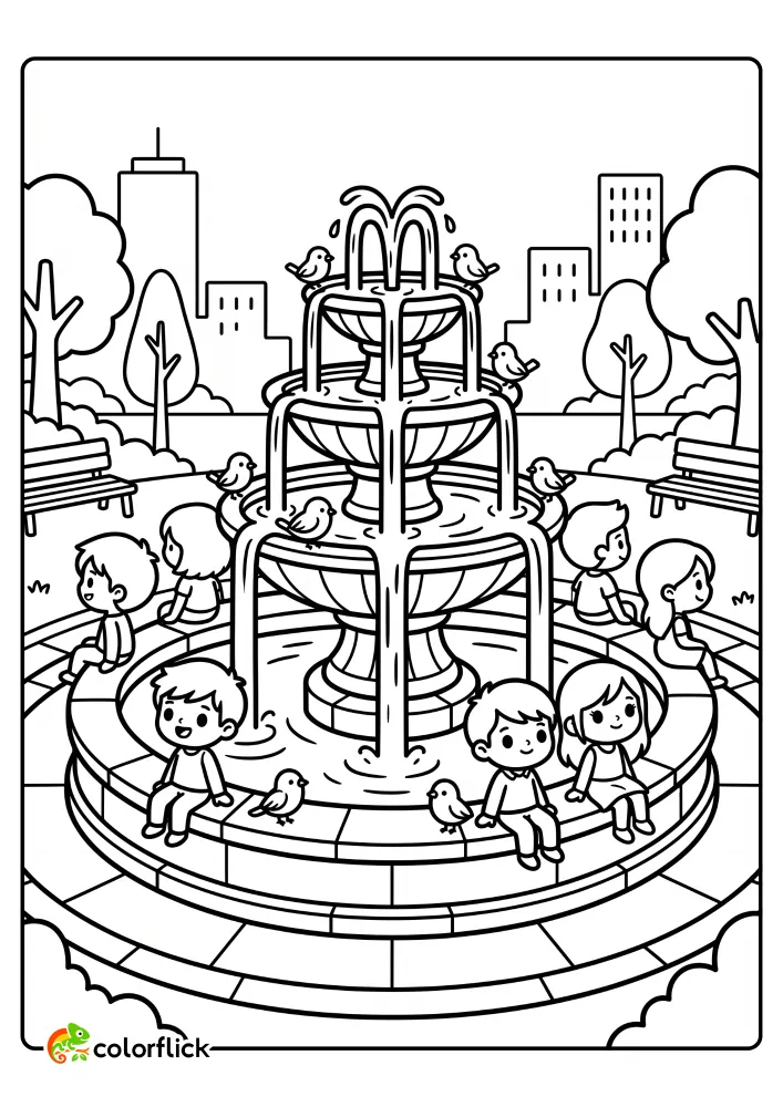 A black and white printable coloring page for kids showing several children sitting around a large, multi-tiered park fountain with birds perched on it.