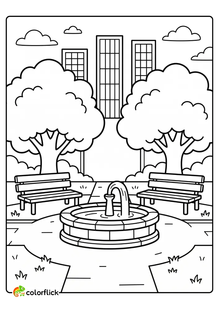 Easy-to-color park scene featuring a round stone fountain, park benches, and skyscrapers, free printable coloring page for kids.