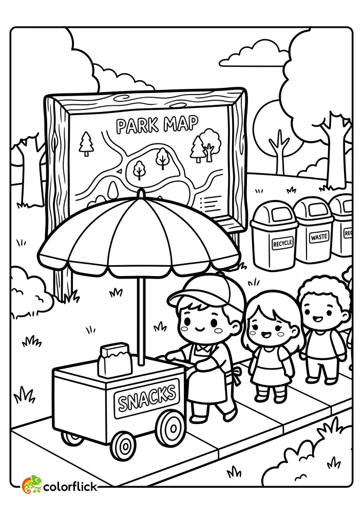 A friendly park snack vendor with a large umbrella serves happy children waiting in line at his cart. In the background, a park map sign and trash bins are visible. This is a printable coloring page for kids.