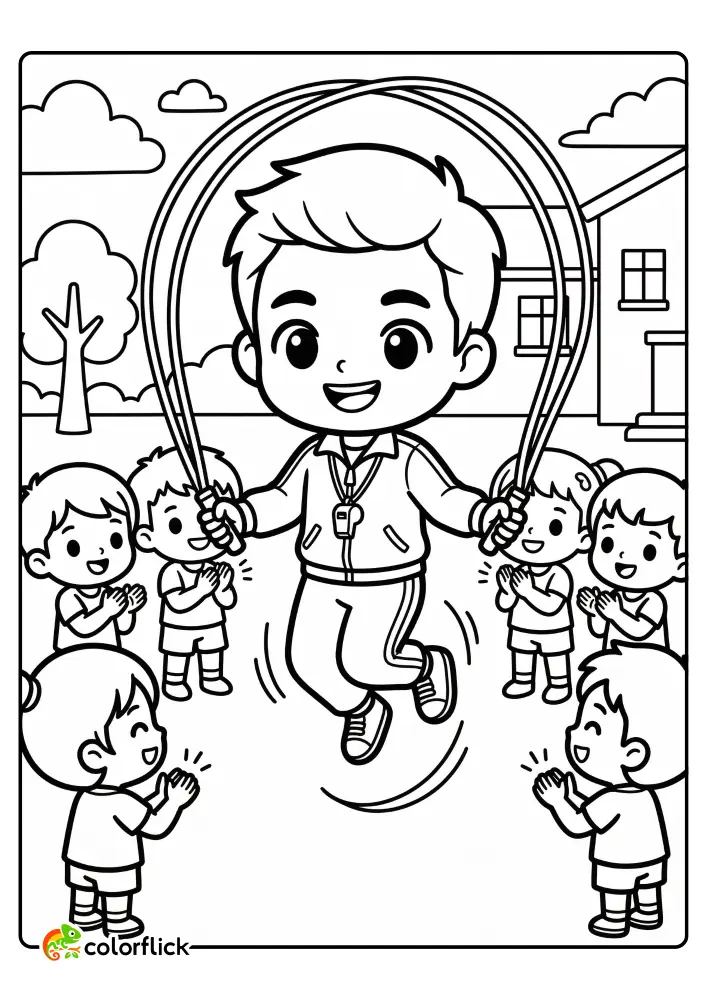 PE coach energetically jumping a double jump rope with a circle of clapping children in this printable coloring page for kids.