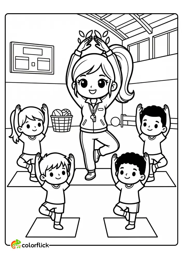 A PE teacher and a group of children balancing in a tree yoga pose on mats in a school gym. This is a printable coloring page for kids.