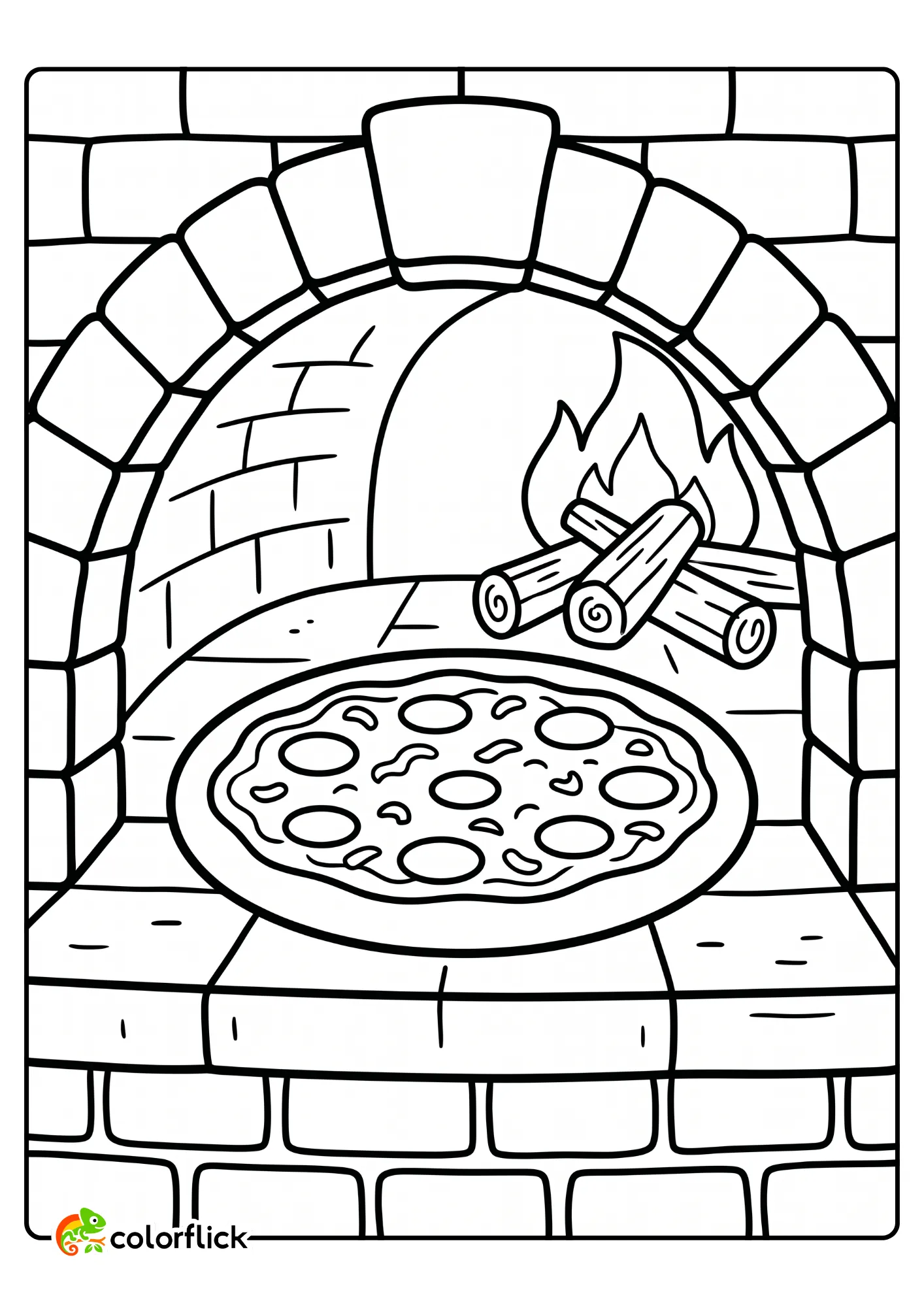 Simple pizza baking inside a rustic brick oven with burning logs in the background, printable coloring page for kids.