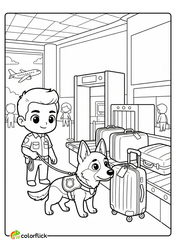 An alert German Shepherd K9 police dog and its handler police officer standing in a busy airport terminal near travelers and a plane. Free printable coloring sheet for kids.