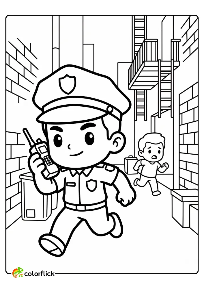 A police officer chasing a running figure through a city alley with a radio, printable coloring page for kids.