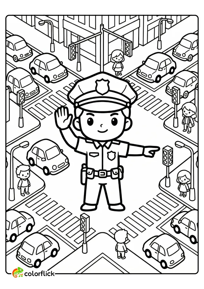 Cute police officer directing traffic at a busy city intersection, complete with crosswalks, cars, and pedestrians, printable coloring page for kids.