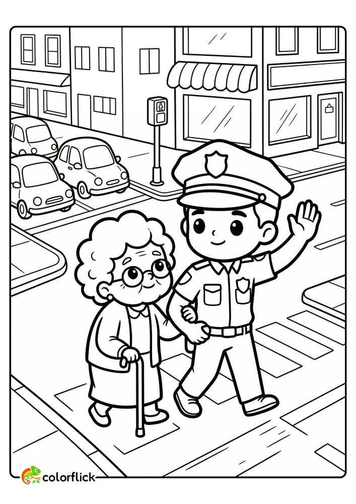 Cute friendly police officer helping a kind elderly woman with a cane walk across a busy street on a crosswalk printable coloring page for kids.