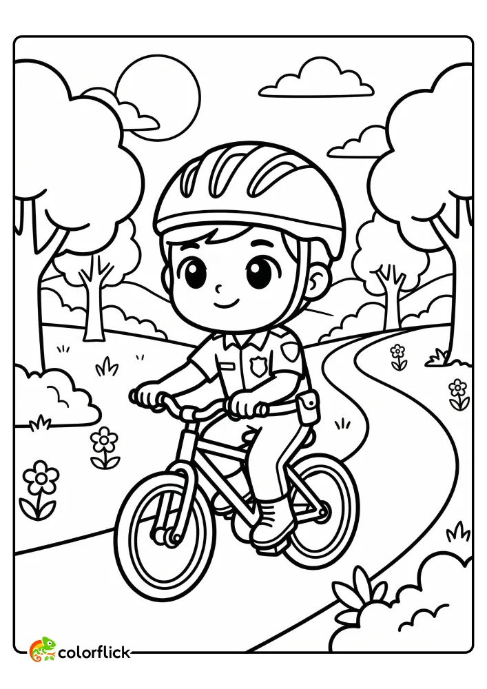 Cute police officer on a bicycle patrolling a sunny park, printable coloring page for kids.