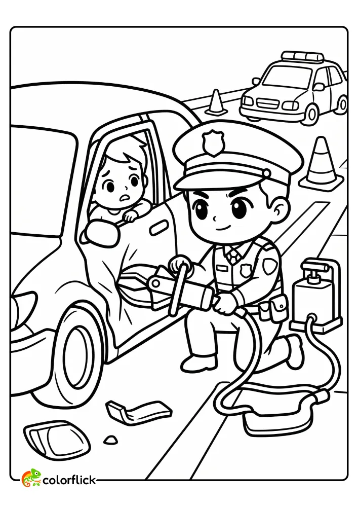 Cute police officer carefully using heavy rescue tools to free a woman from a crumpled car door at a roadside accident, printable coloring page for kids.