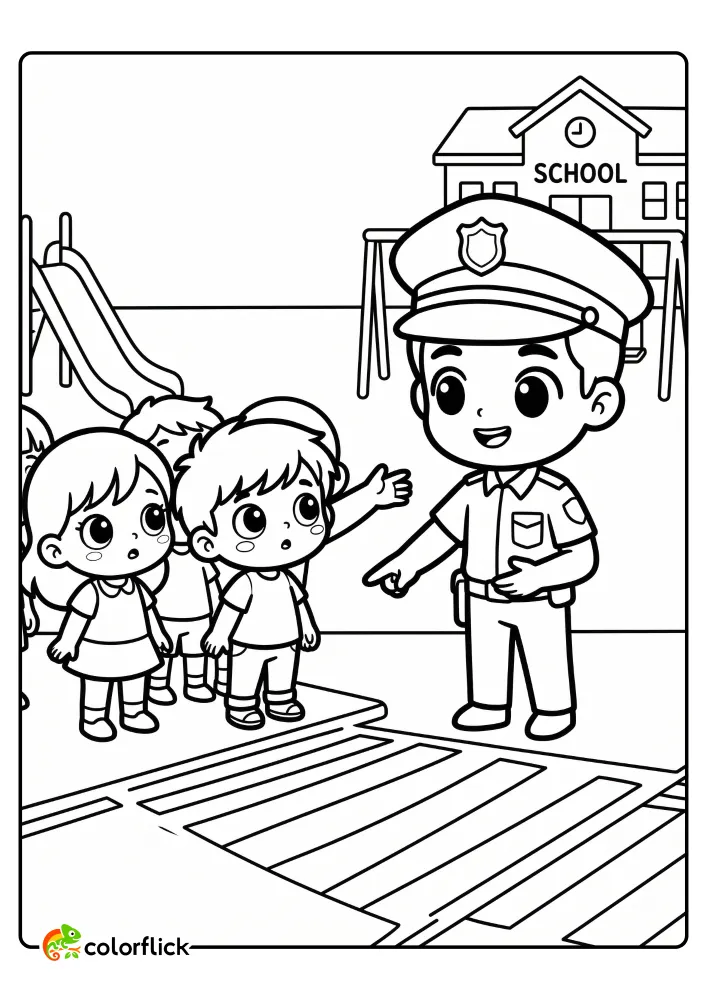 Cute police officer teaching a group of wide-eyed children how to use a painted crosswalk safely in front of a school, printable coloring page for kids.