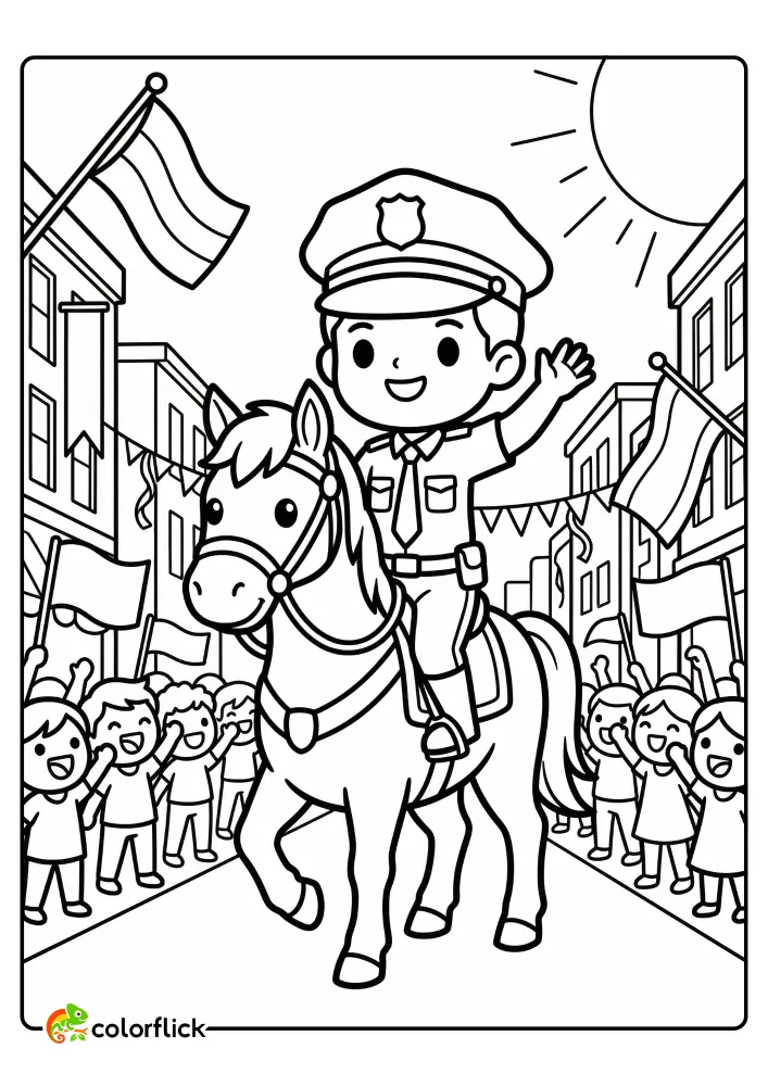 A smiling police officer on horseback waving to a cheering crowd during a festive parade in a city street, printable coloring page for kids.