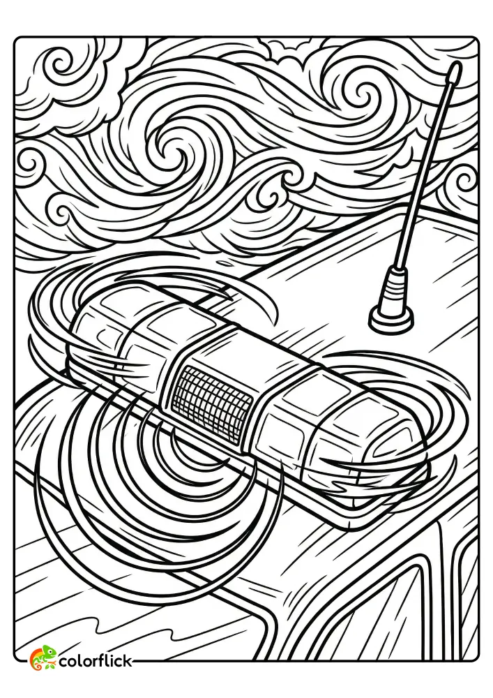 Close-up view of a detailed emergency vehicle light bar with large motion swirls showing flashing and spinning lights on a printable coloring page for kids, including a background of stormy clouds.