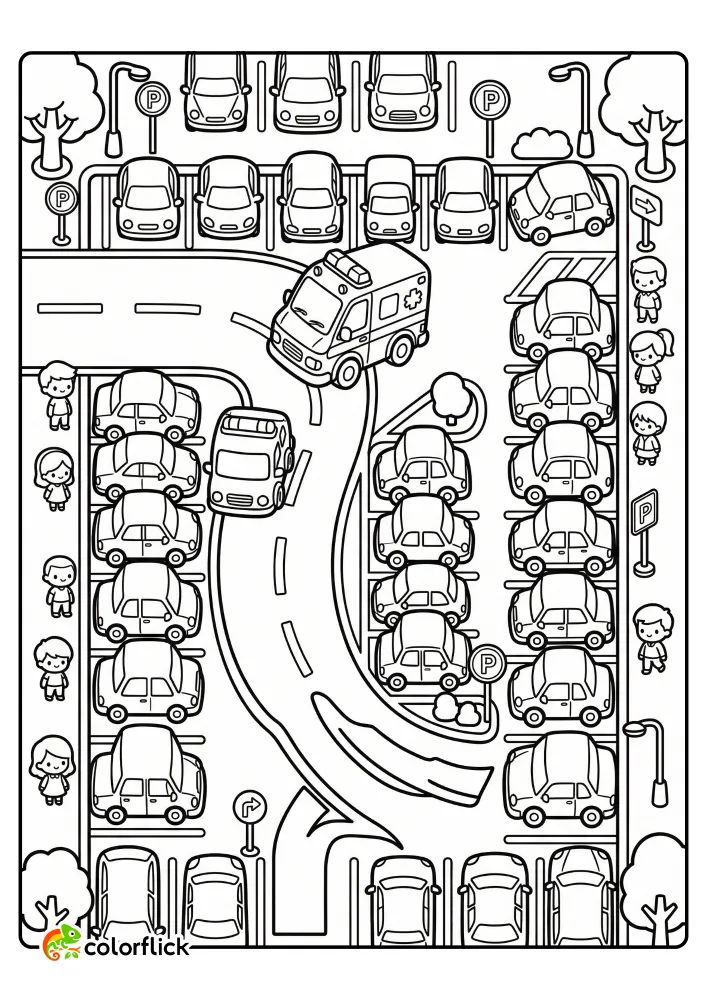 Free printable coloring sheet for kids featuring an ambulance driving through a crowded hospital parking lot full of cars and pedestrians. Download this easy coloring page today!