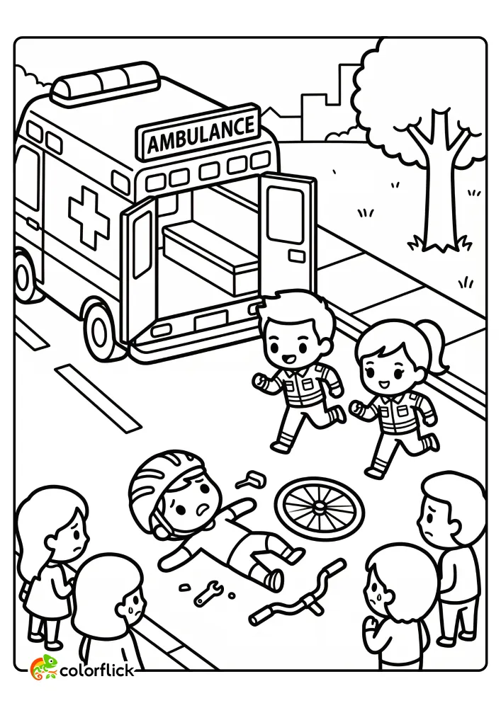 A printable coloring page for kids showing two friendly paramedics running from an ambulance with open doors to help a fallen cyclist surrounded by scattered bike parts and worried bystanders on a city sidewalk.