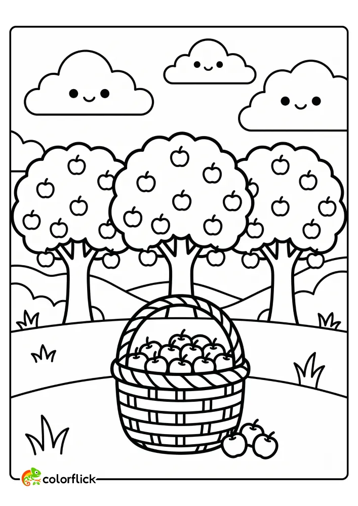 A cute printable coloring page for kids featuring an orchard with three apple trees and an overflowing basket of apples.