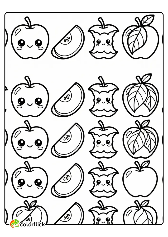 Seamless repeating pattern of different apples, including a whole apple, an apple slice, an apple core, and an apple with a large leaf, as a free printable coloring sheet.