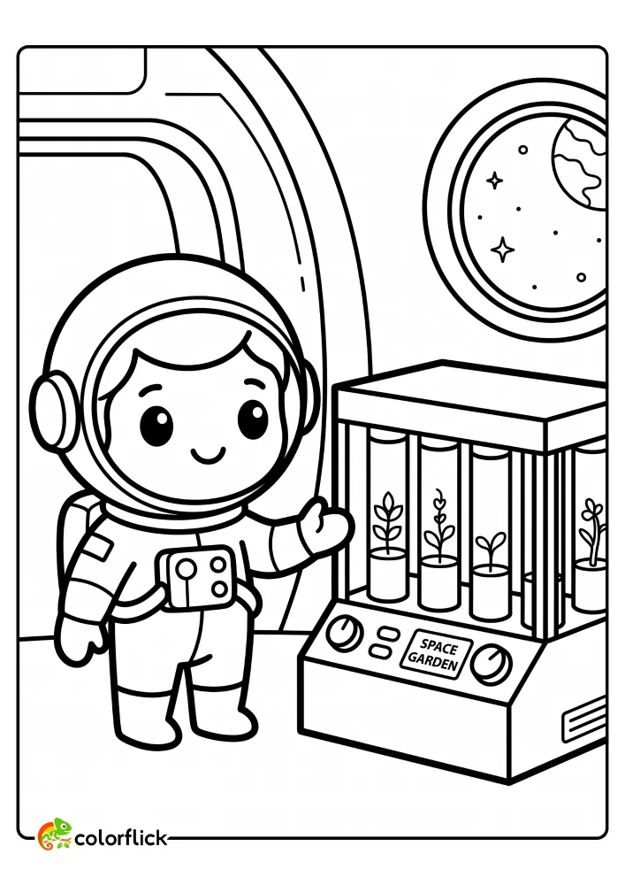 A printable coloring page for kids showing a cute astronaut looking at plants growing in tubes inside a space garden experiment box.