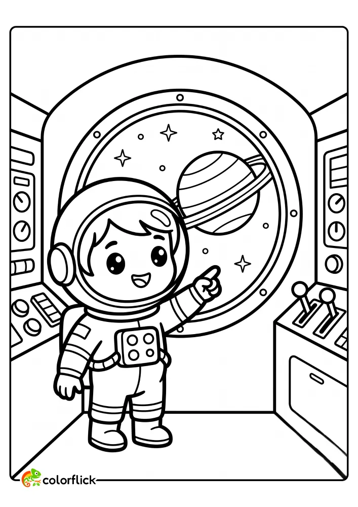 A free printable coloring sheet of a cute astronaut inside a space shuttle pointing at a large ringed planet and stars through a round window.