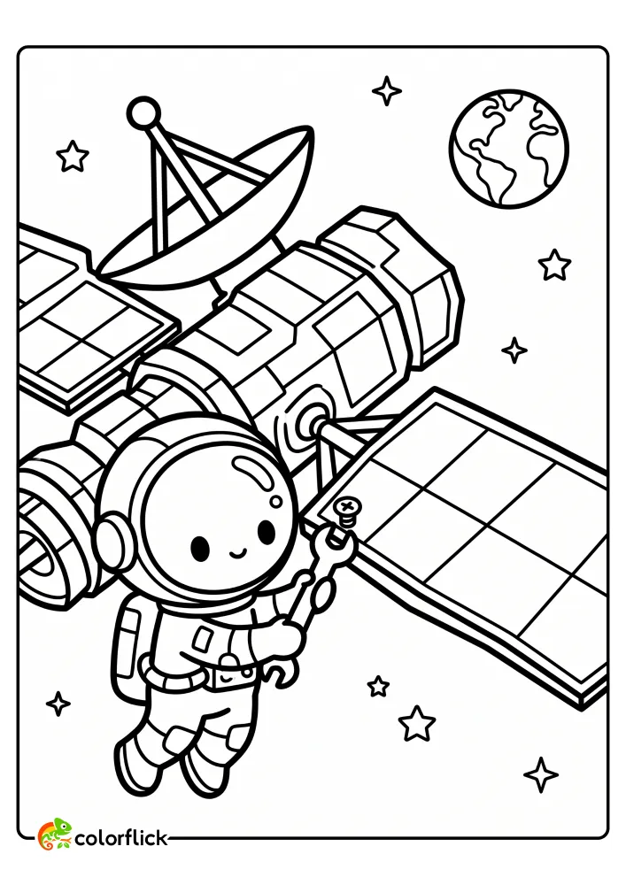 A free printable coloring sheet of an astronaut floating in space using a wrench to fix a satellite solar panel, with Earth and stars in the background.