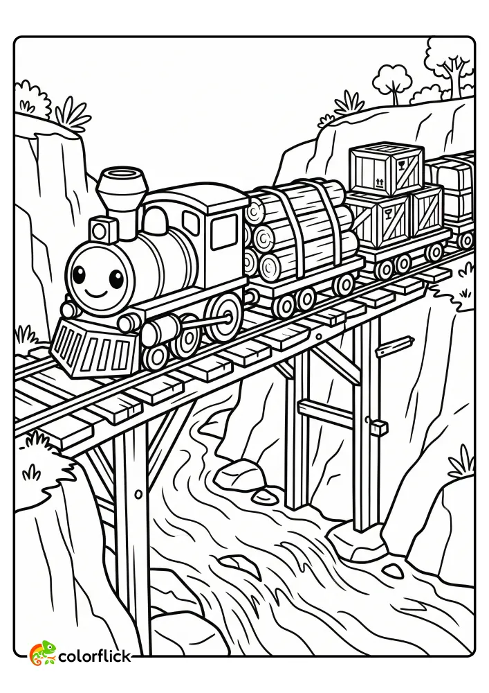 A cute smiling freight train crosses a tall wooden bridge hauling logs and crates in this free printable coloring sheet.