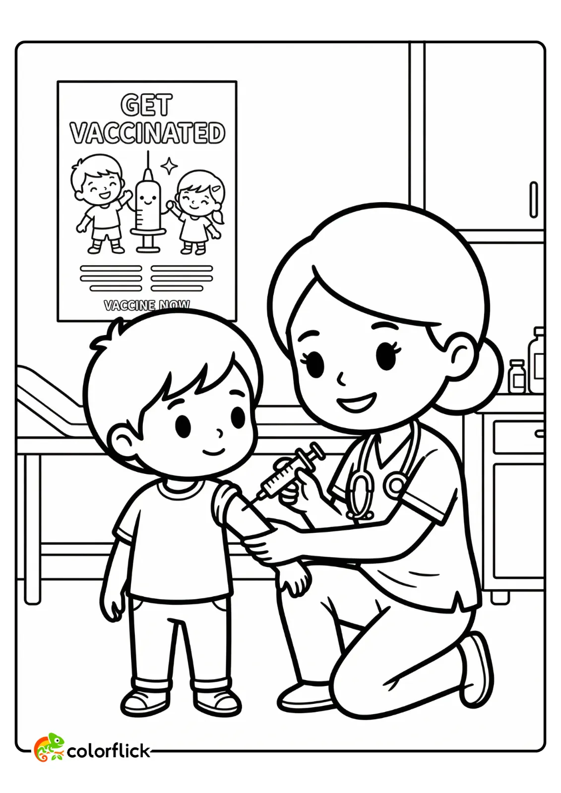 Cute boy receiving a vaccine injection from a kind nurse. Includes a 'GET VACCINATED' poster. Free printable coloring sheet for kids.