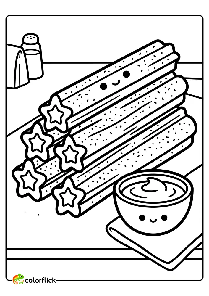 A cute, smiling stack of star-shaped churros covered in cinnamon sugar, served with a smiling bowl of chocolate dipping sauce on a kitchen counter with spice shakers, printable coloring page for kids.