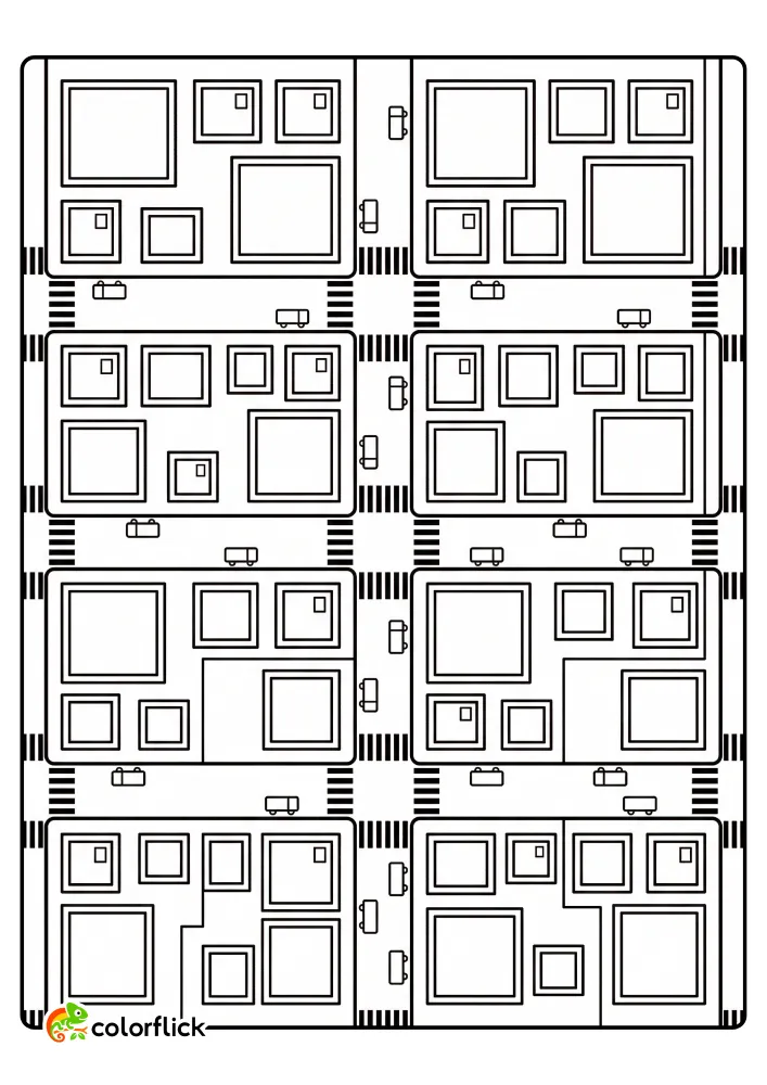 A top-down view of a city grid with buildings, roads, cars, and crosswalks, printable coloring page for kids.