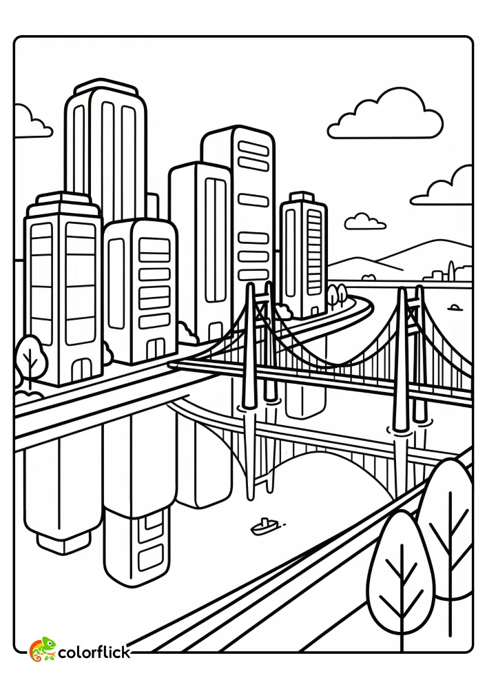 City skyline with tall skyscrapers and a suspension bridge reflected in a wide river, printable coloring page for kids.