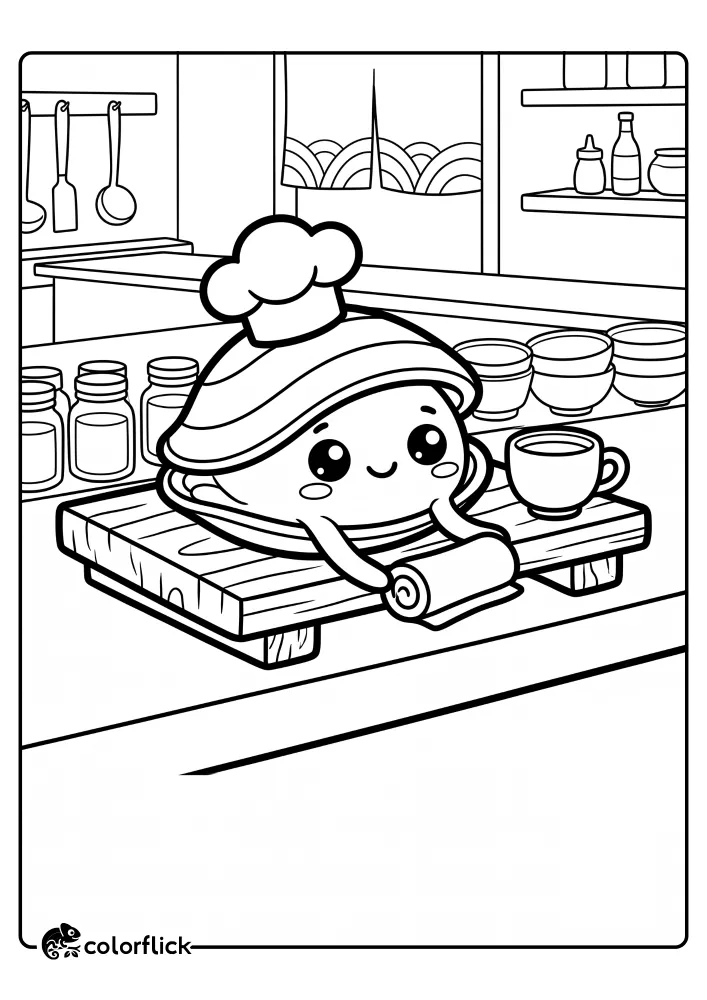 A free printable coloring sheet featuring a cute clam chef wearing a chef hat, resting on a wooden board, and offering a rolled-up towel next to a teacup at a busy sushi bar counter.