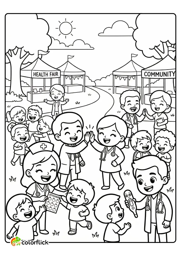 Happy doctors and nurses high-fiving children at an outdoor community health fair, with a kid receiving apple stickers and another looking at a toy thermometer. A free printable coloring sheet.